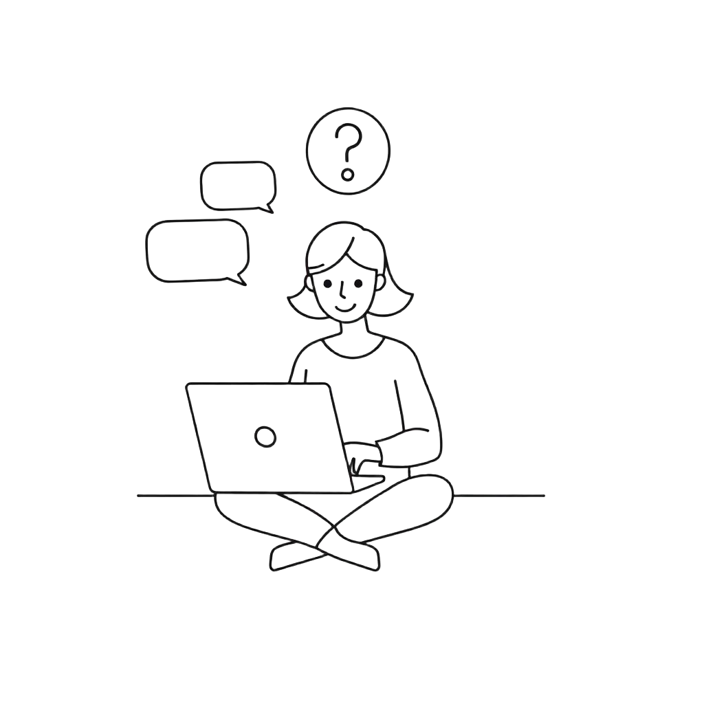 Line illustration of a client raising a complaint on a laptop